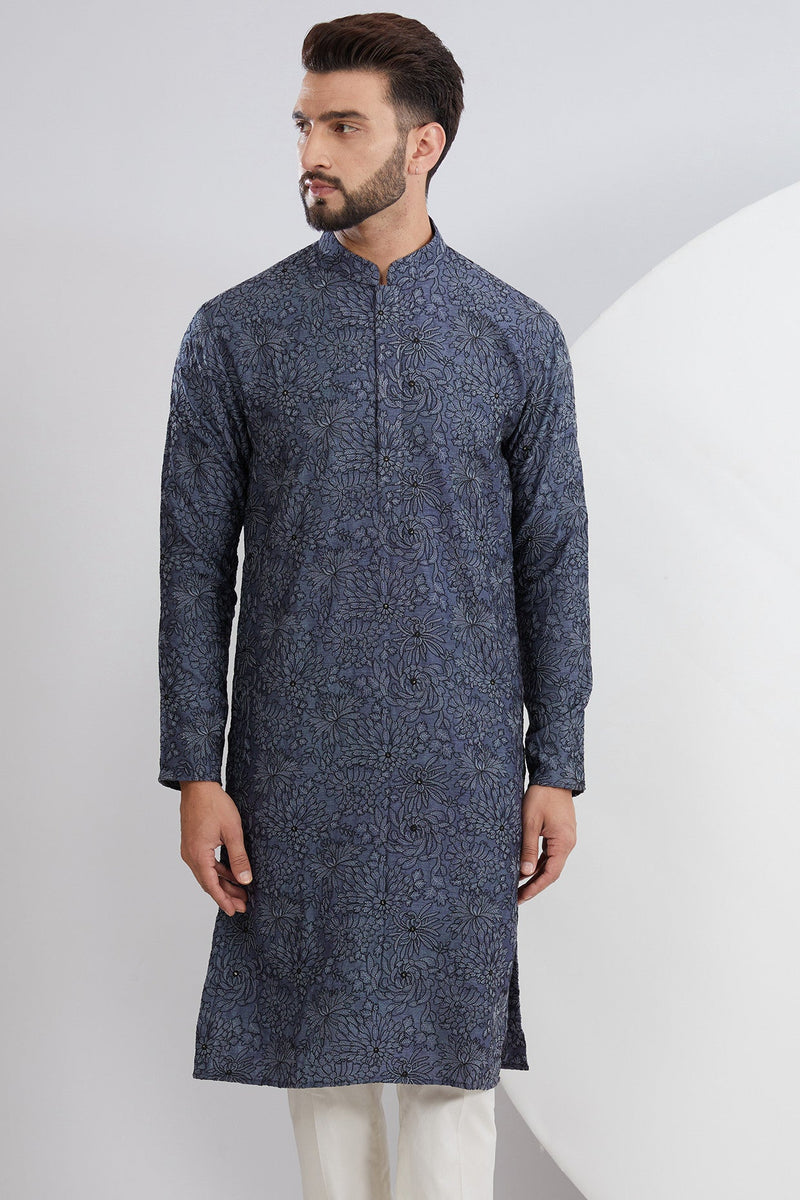 Denim Blue Floral Embroidered Kurta - kasbahmen