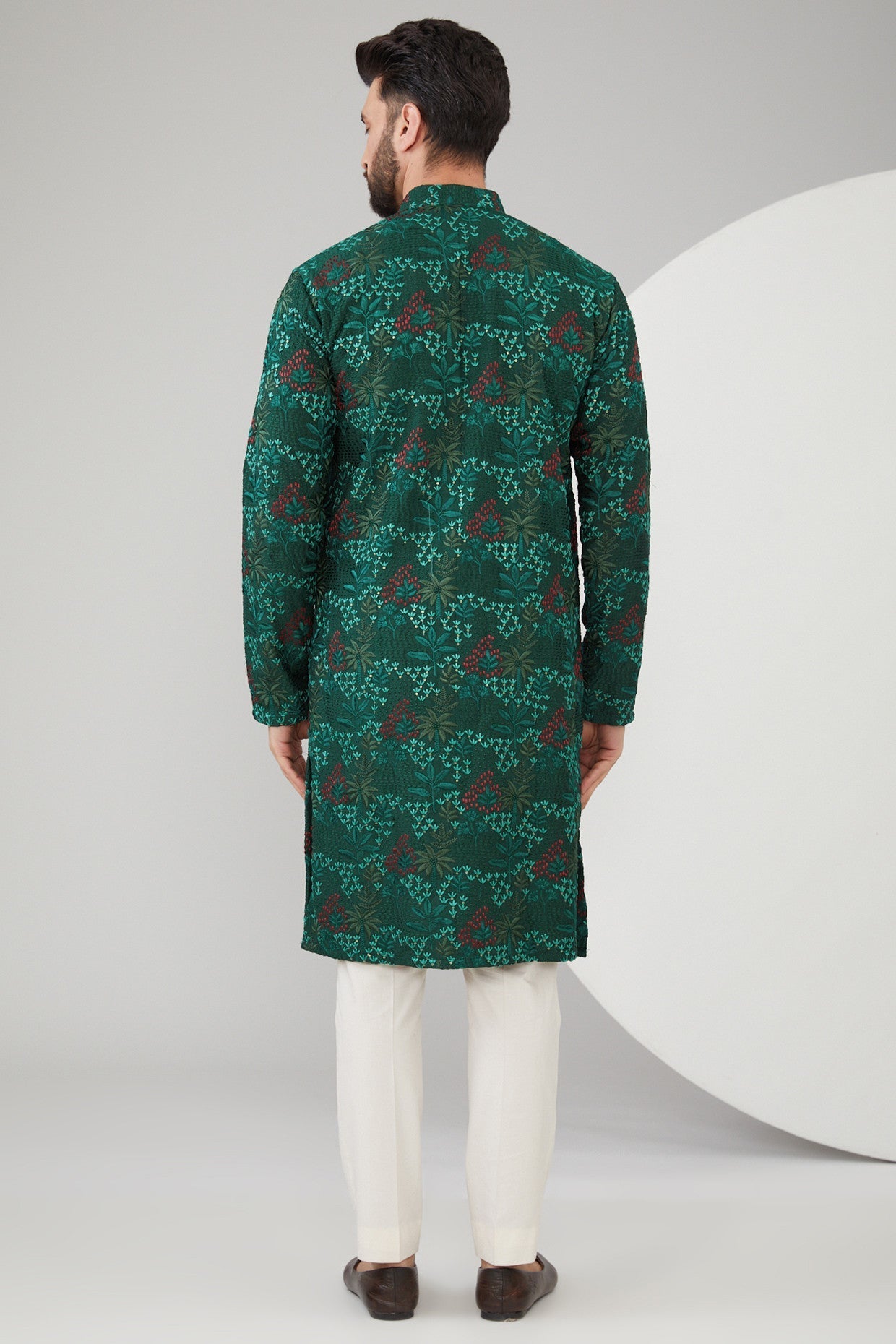 Bottle Green Silk Floral Embroidered Kurta - kasbahmen