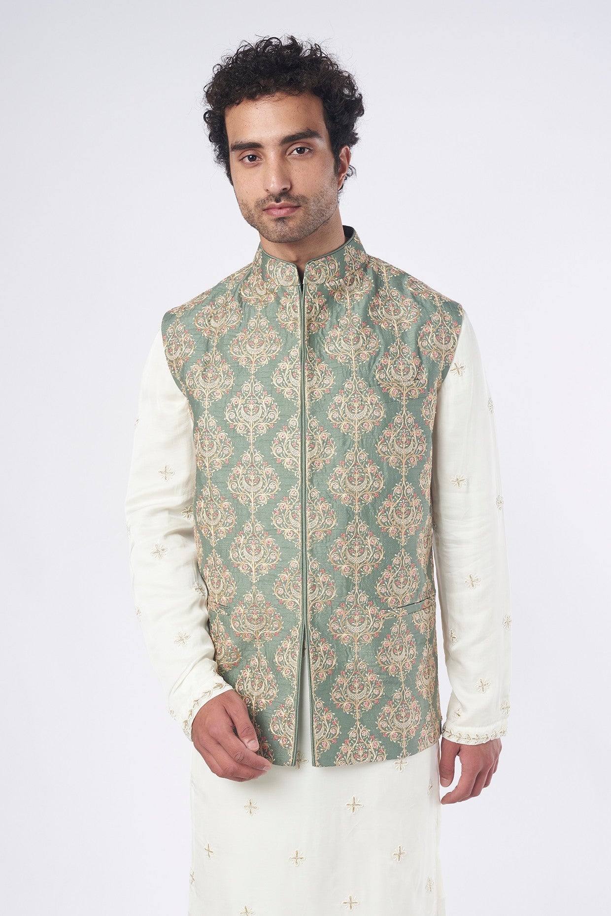 Mehndi Green Silk Embroidered Bundi Jacket - kasbahmen