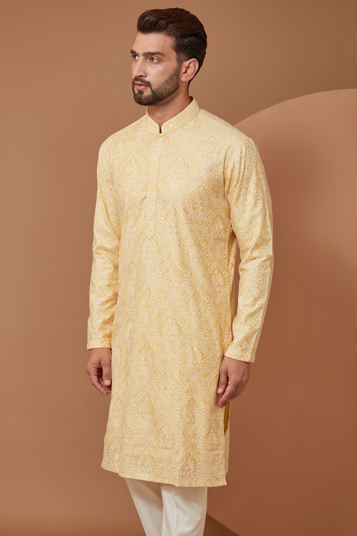 Intricately Embroidered Kurta in a rich and subte hue of Yellow with White Threa - kasbahmen