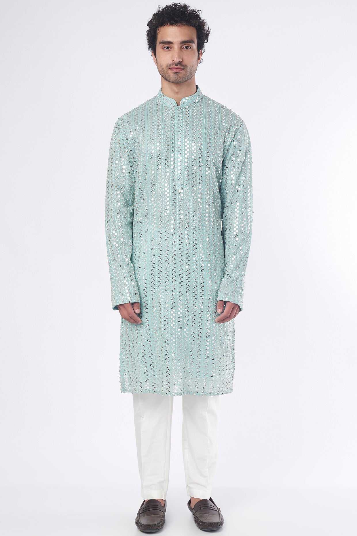 Powder Blue Zari Embroidered Kurta - kasbahmen