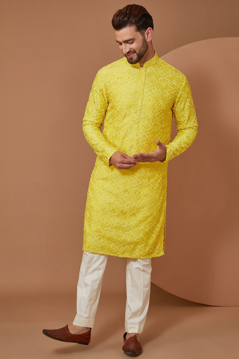 Bright Yellow Chikankari Kurta - kasbahmen