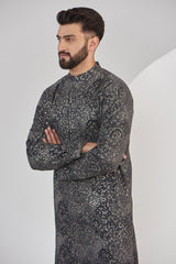 Black and grey embrodried kurta on print with sequin - kasbahmen