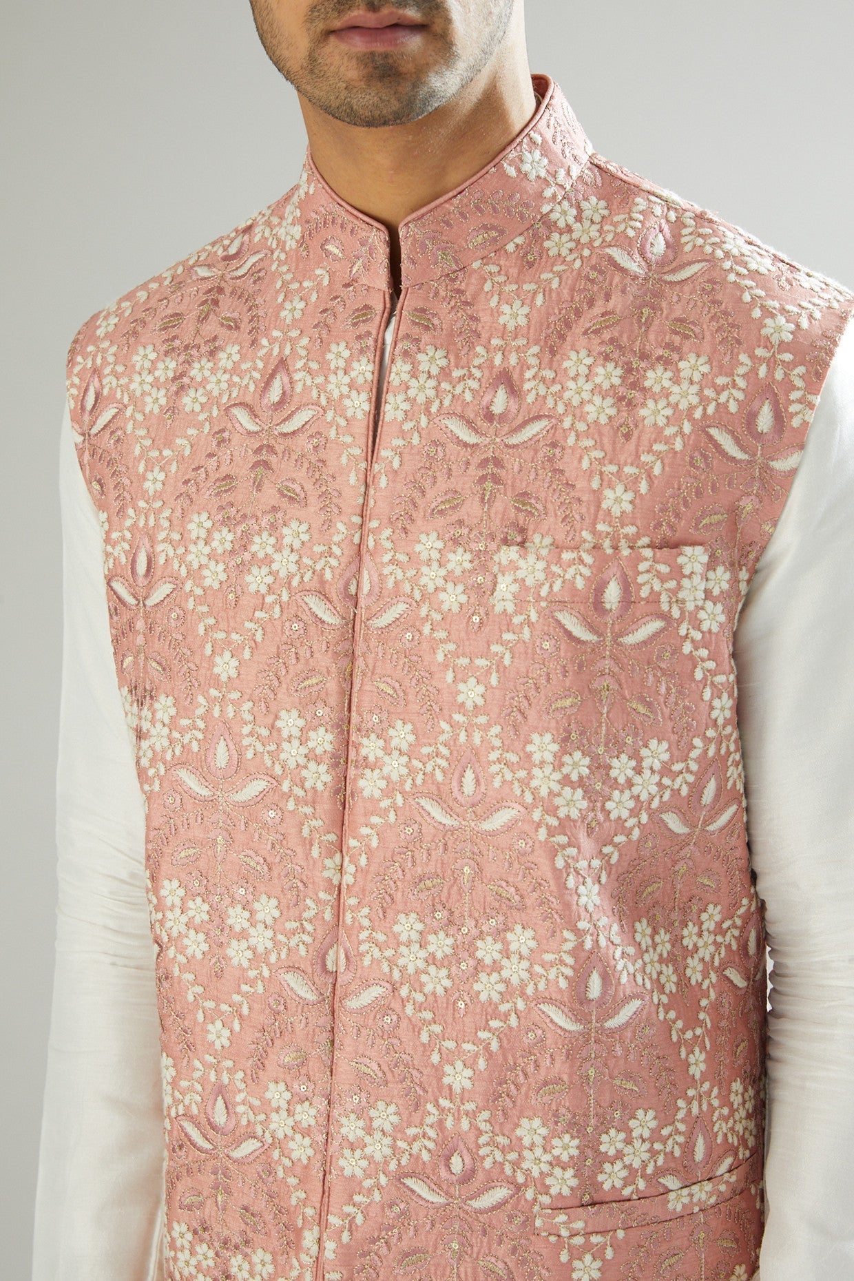 Mud Pink Embroidered Nehru Jacket - kasbahmen