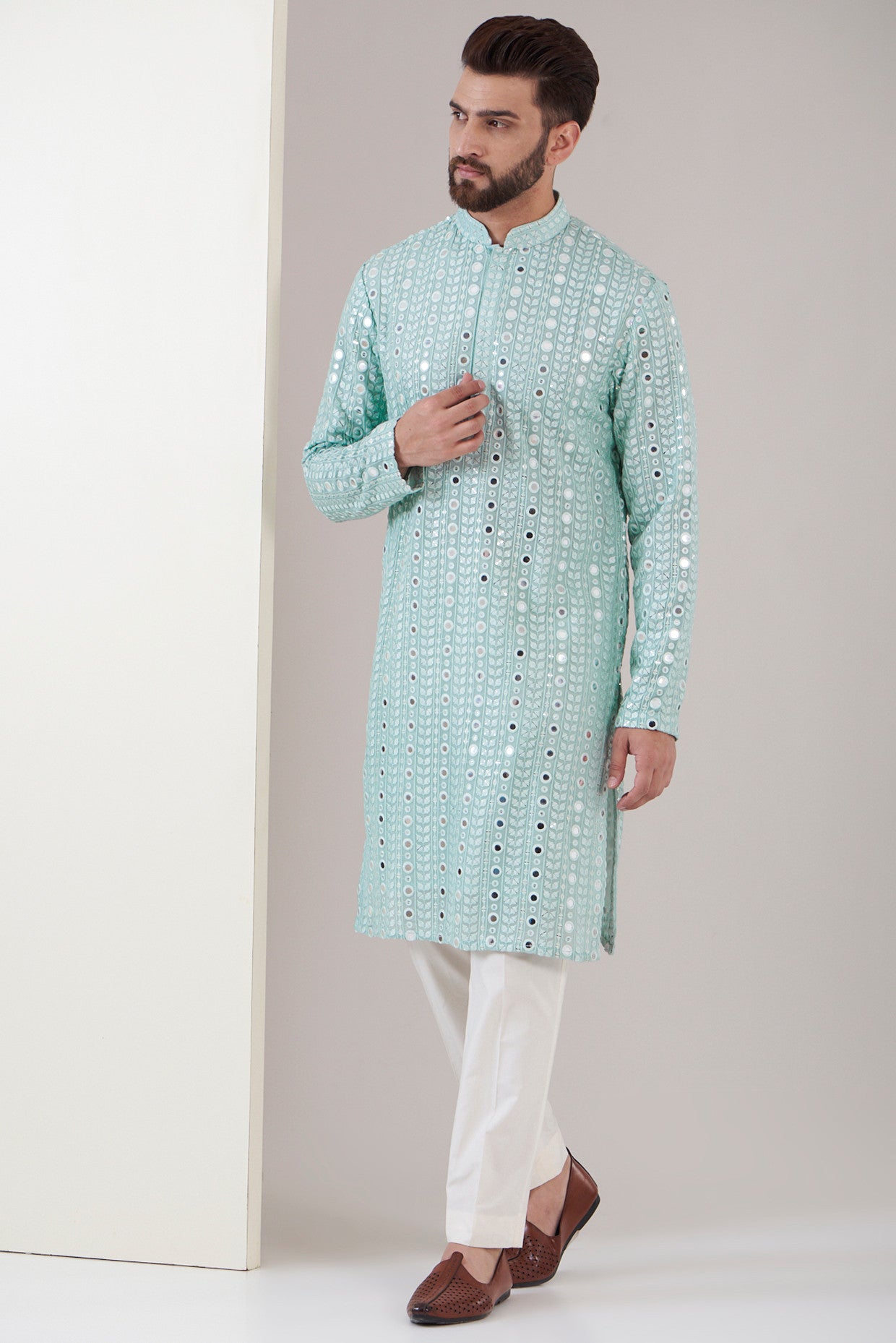 Ice Blue Mirror work Kurta - kasbahmen