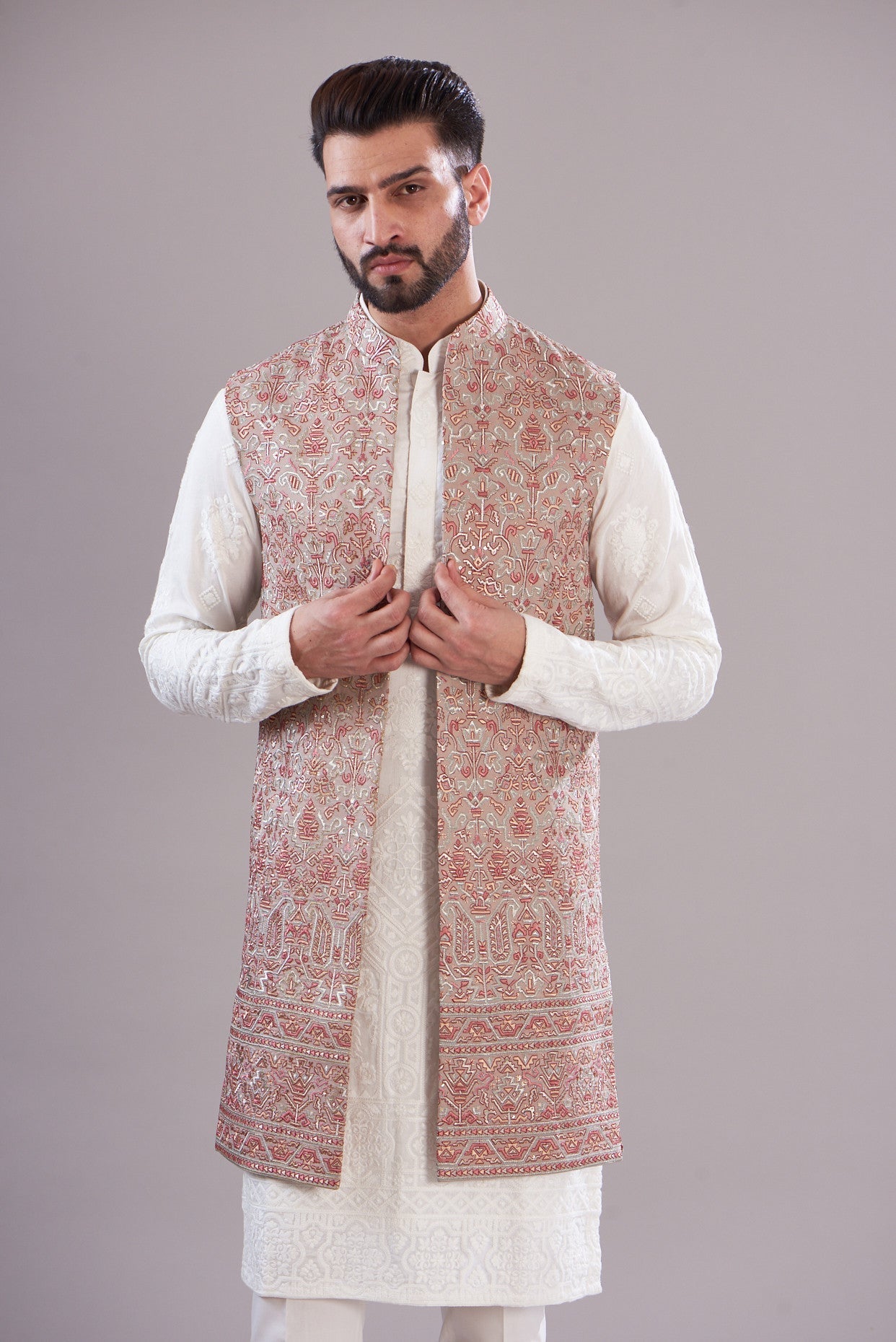 Kashmiri embrodried long open shrug - kasbahmen