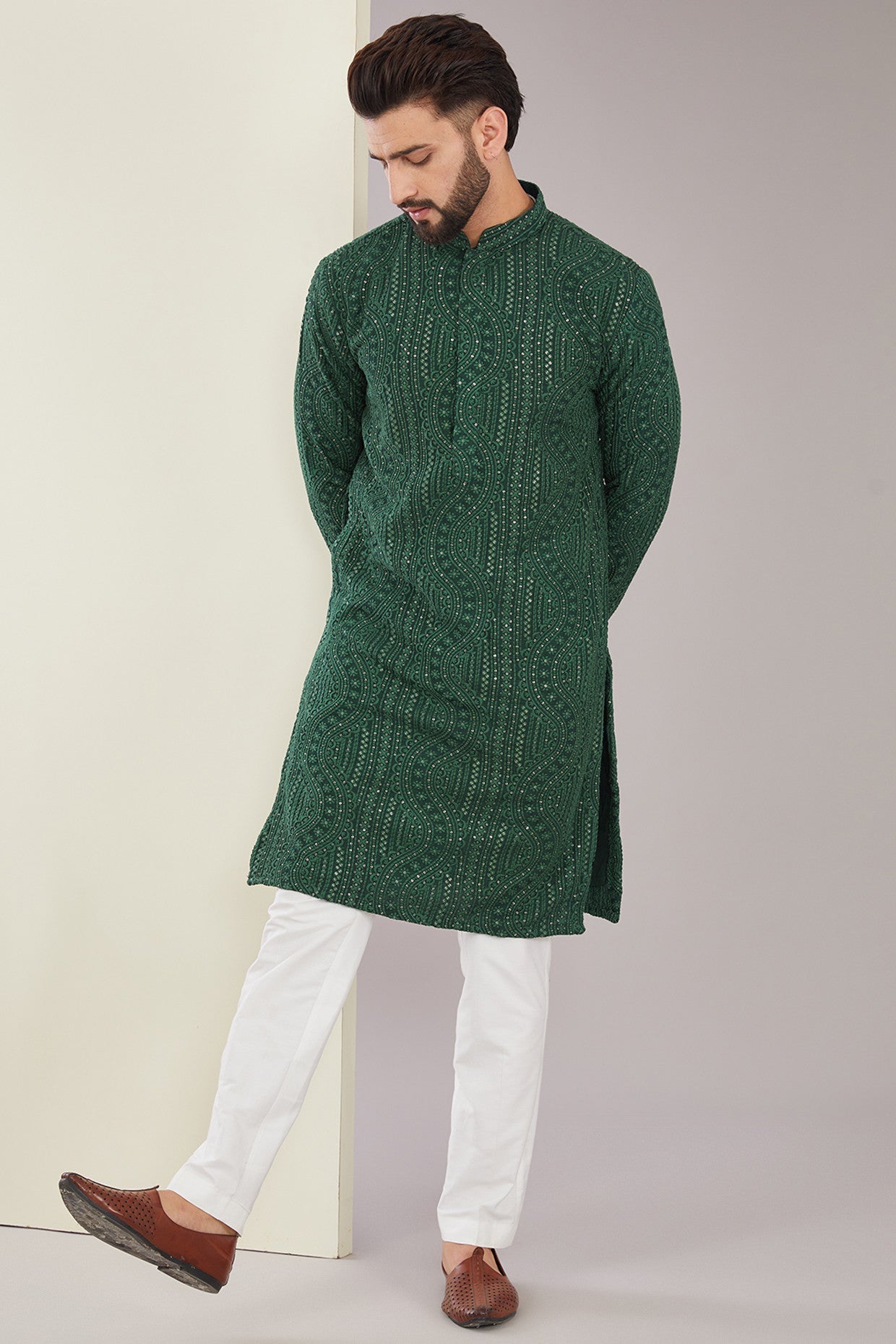 Bottle Green Chikankari Kurta - kasbahmen