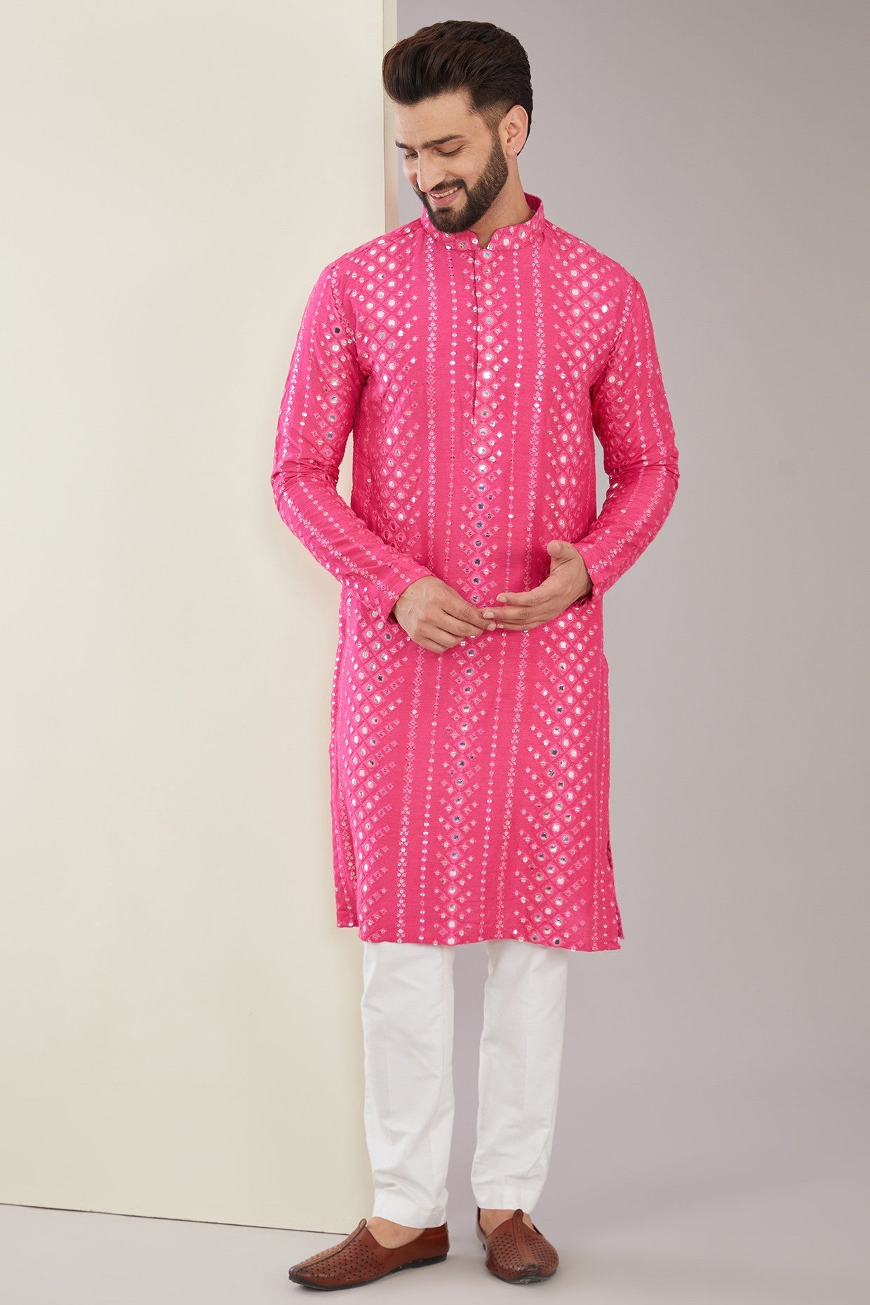 Signature Hot Pink Mirrorwork Kurta - kasbahmen