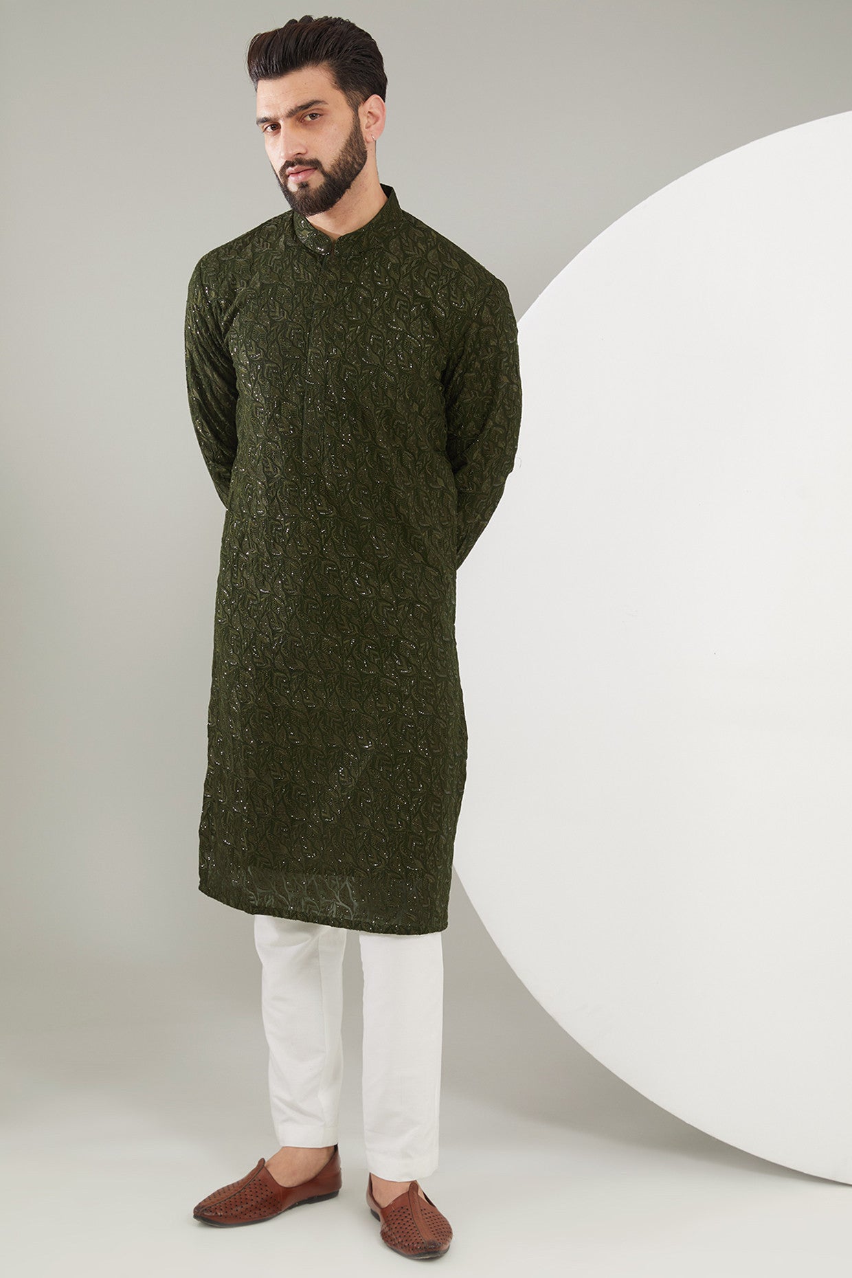 Dark Mehndi Heavy Embroidered Kurta - kasbahmen