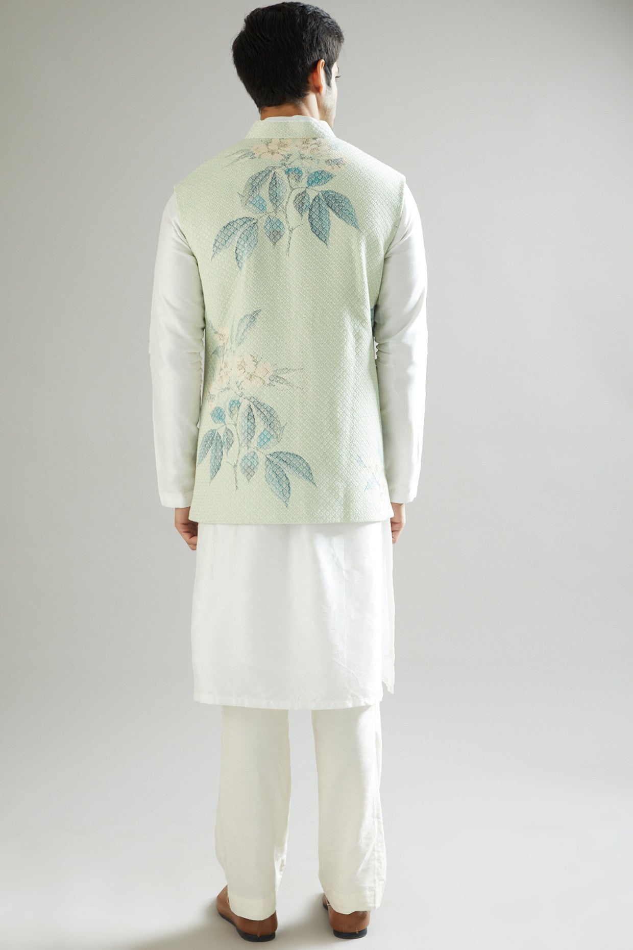 Mint Green Floral Embroidered Nehru Jacket - kasbahmen