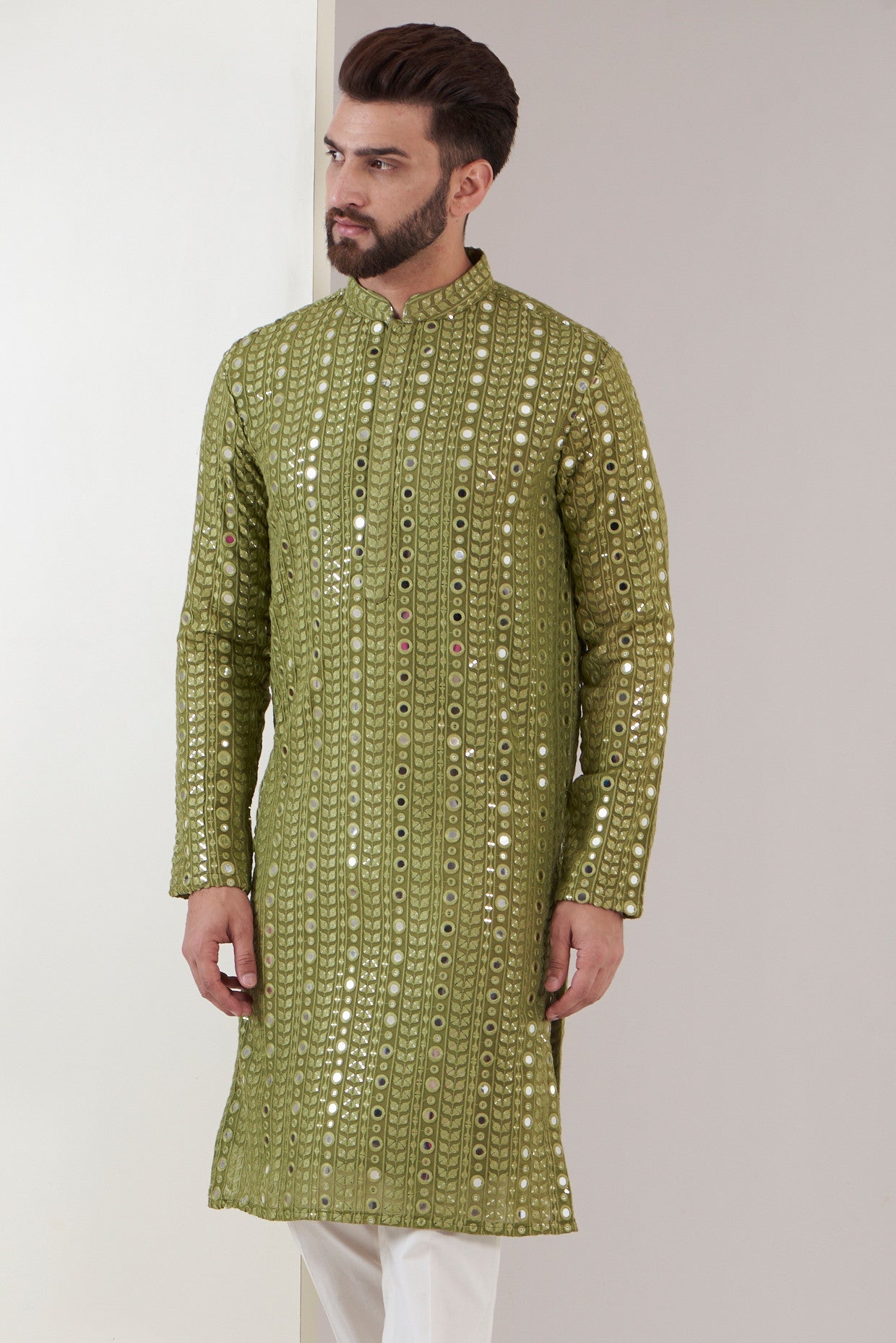 Mehandi green mirror work kurta - kasbahmen