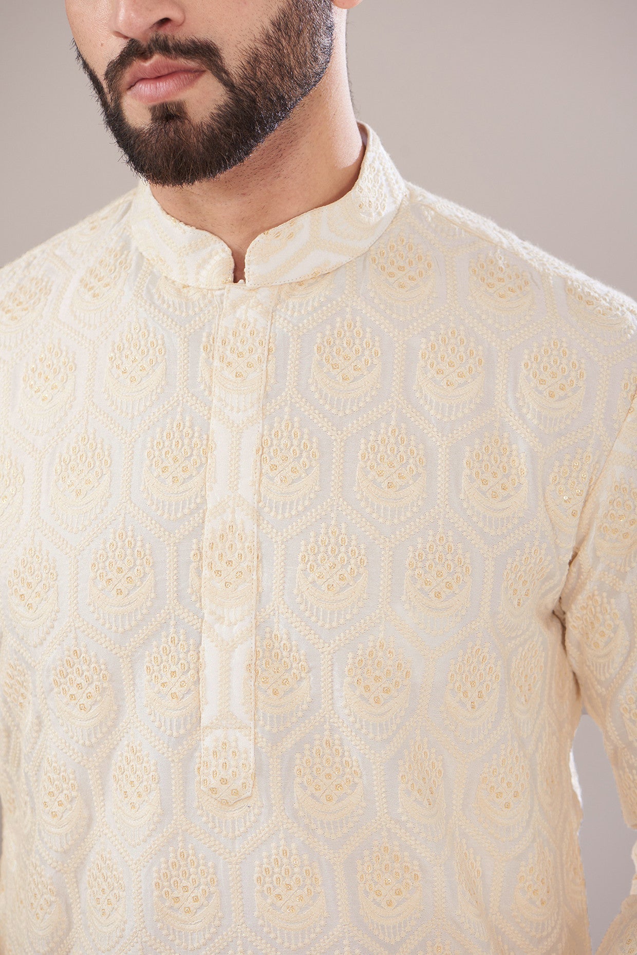 White Silk Embroidered Kurta - kasbahmen