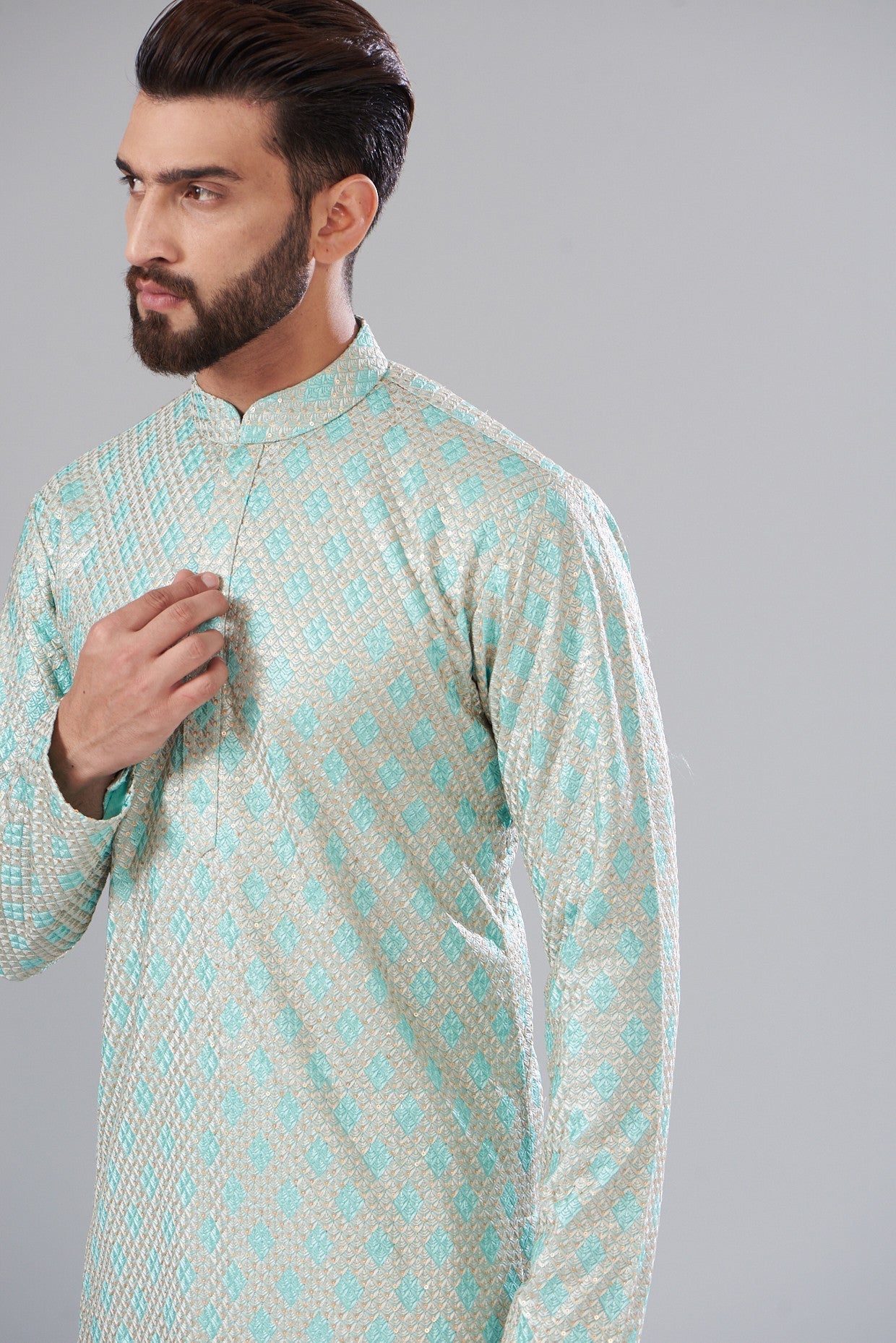 aqua-silver thread work kurta - kasbahmen