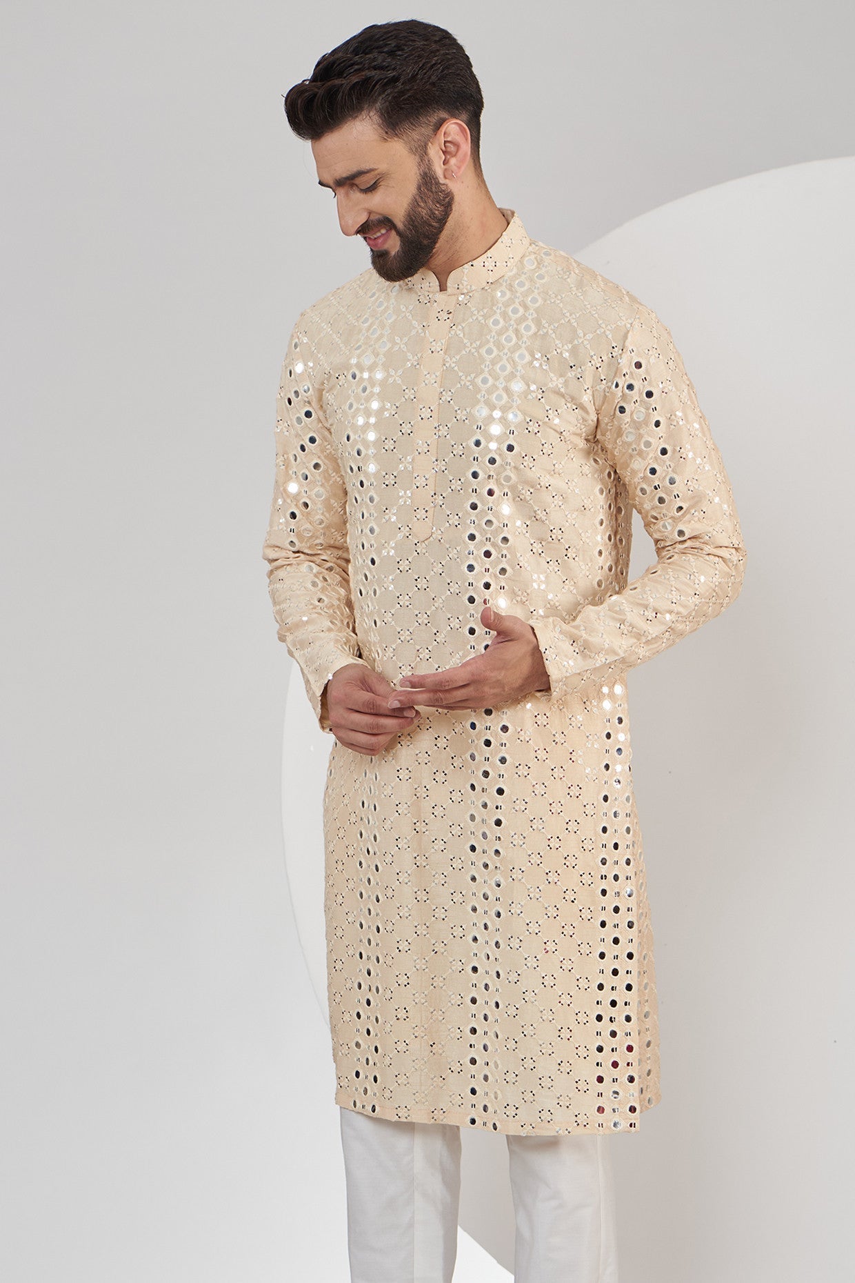 Light Beige Mirrorwork Kurta - kasbahmen