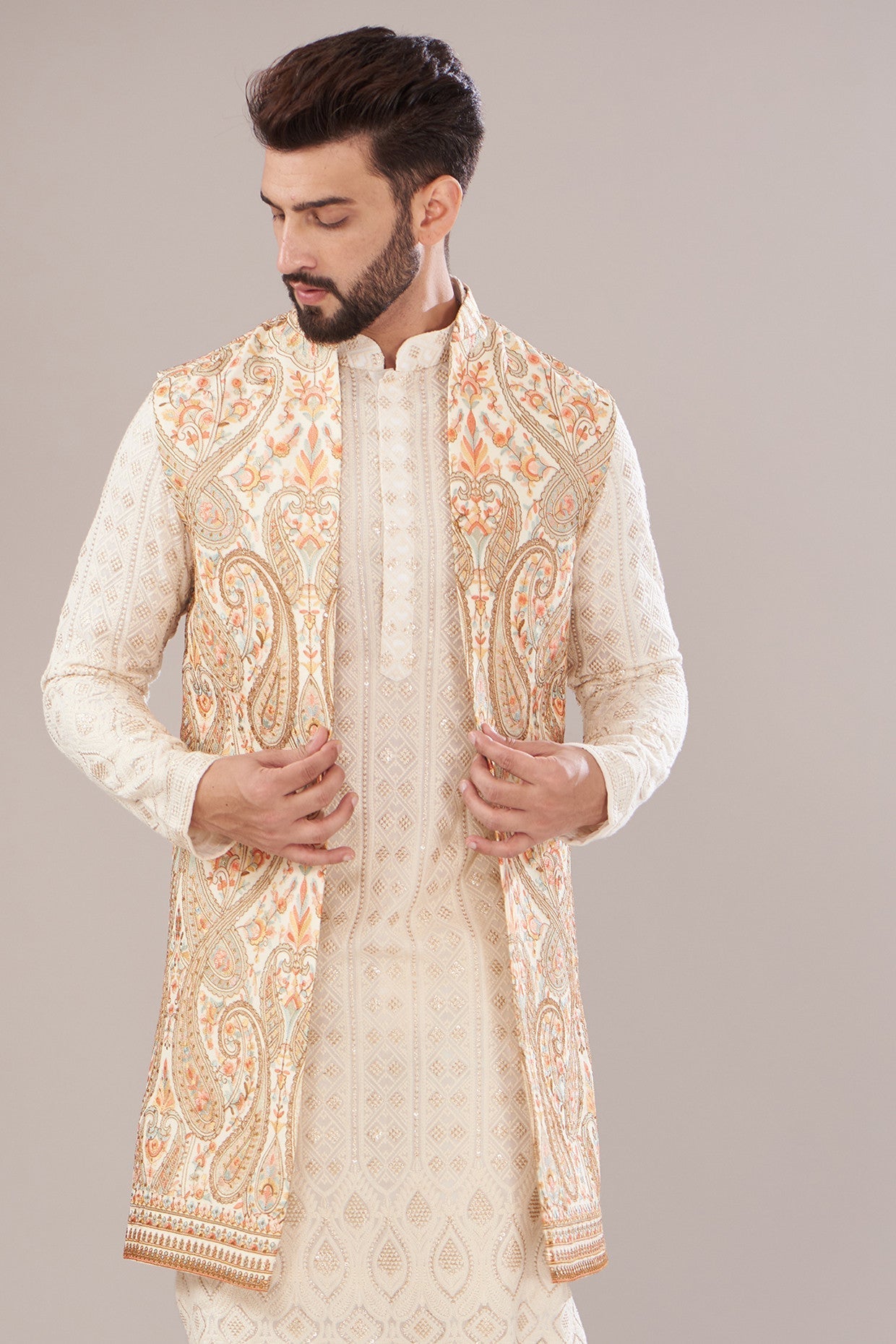 Ivory Georgette Embroidered Indowestern Jacket - kasbahmen