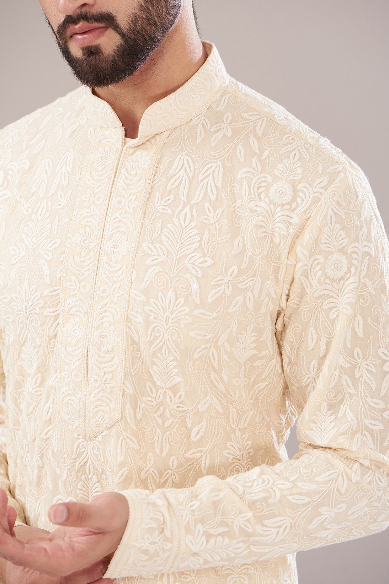 Ivory Georgette Embroidered Kurta - kasbahmen