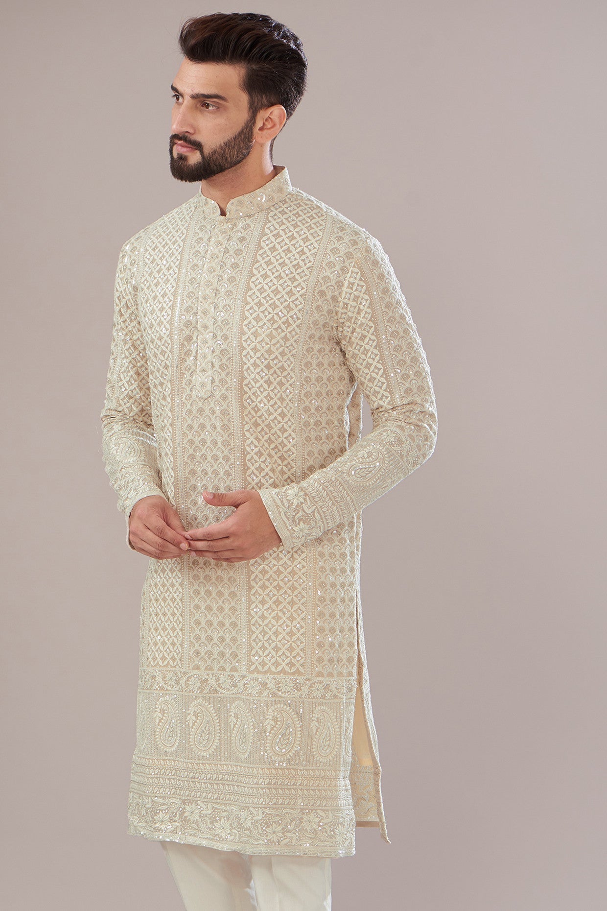 Ivory Georgette Embroidered Lucknowi Kurta - kasbahmen