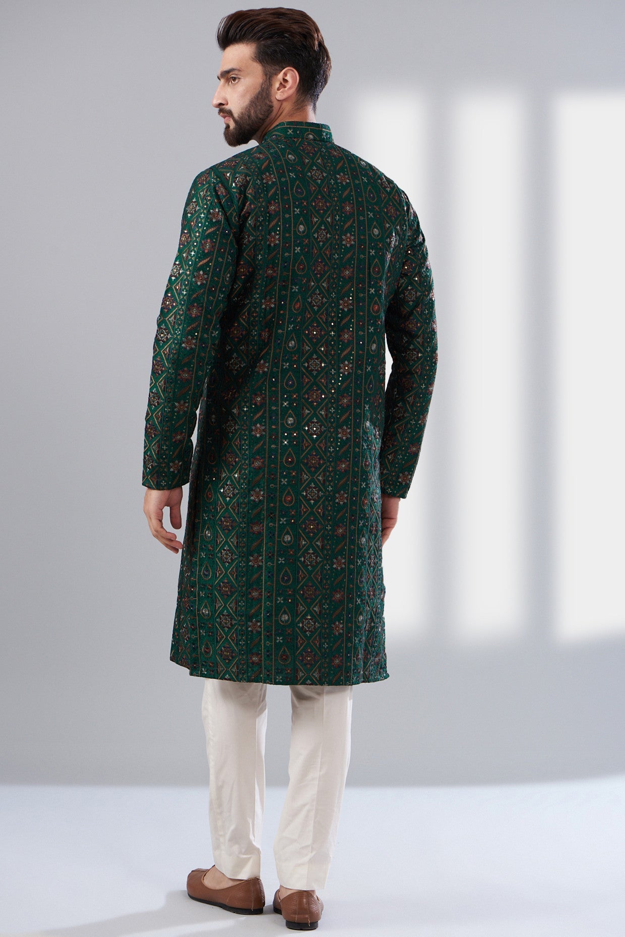 Bottle green multi thread work kurta - kasbahmen