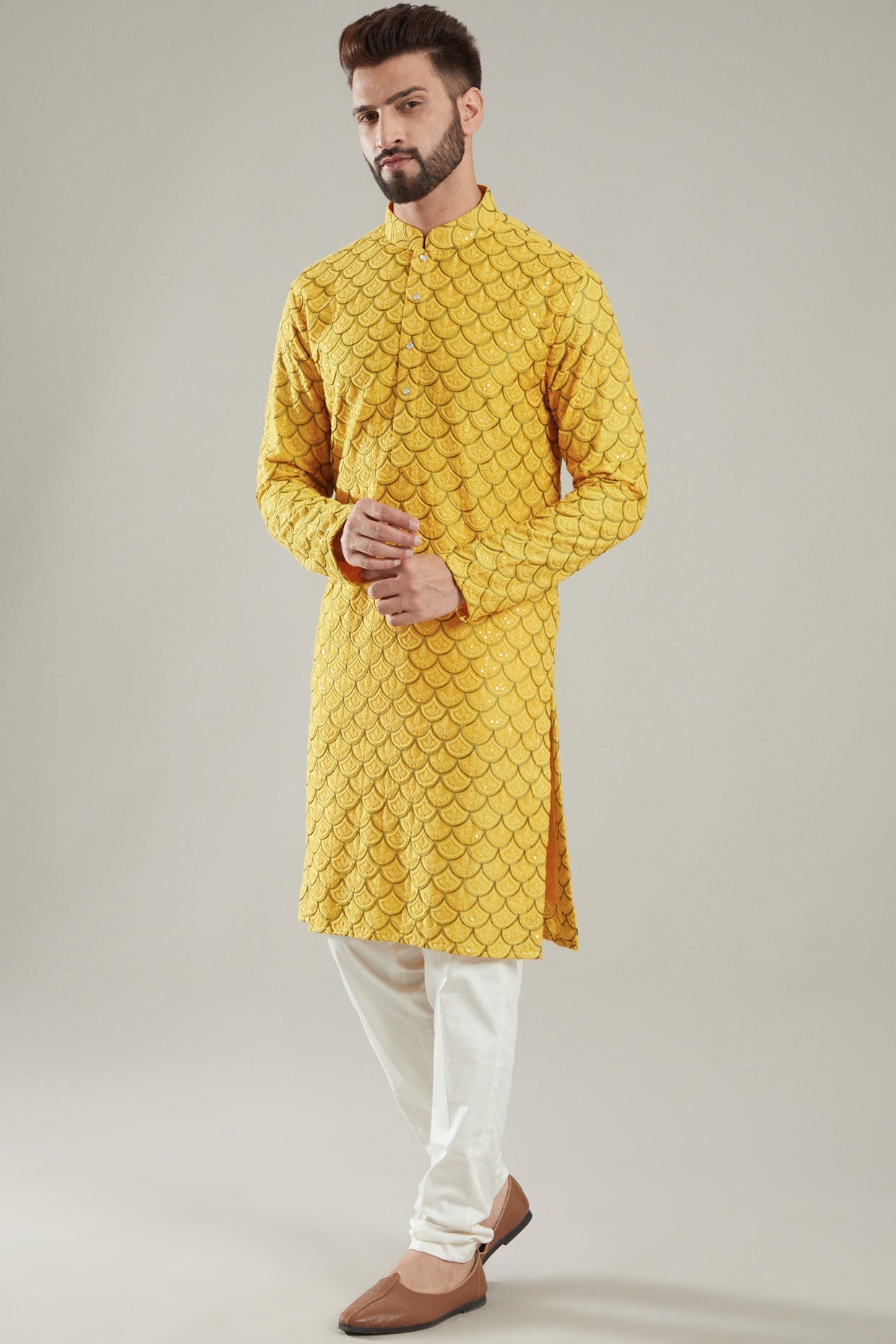 Mustard Silk Embroidered Kurta - kasbahmen