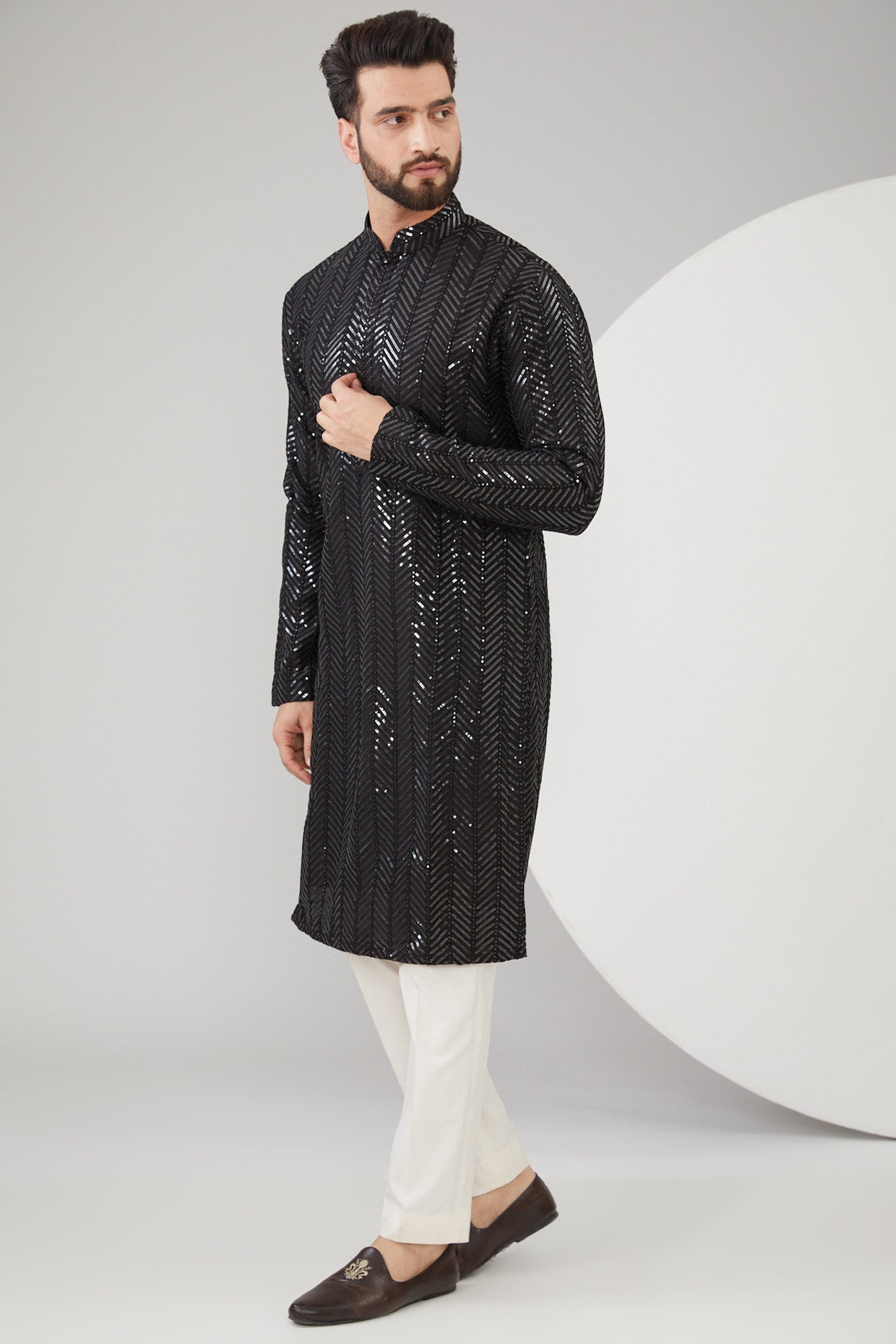 Black Slub Silk Sequins Embroidered Kurta - kasbahmen