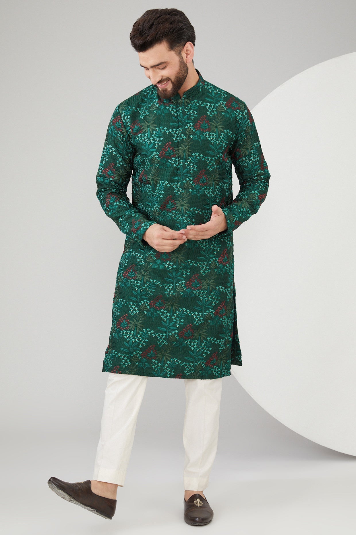 Bottle Green Silk Floral Embroidered Kurta - kasbahmen