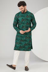 Bottle Green Silk Floral Embroidered Kurta