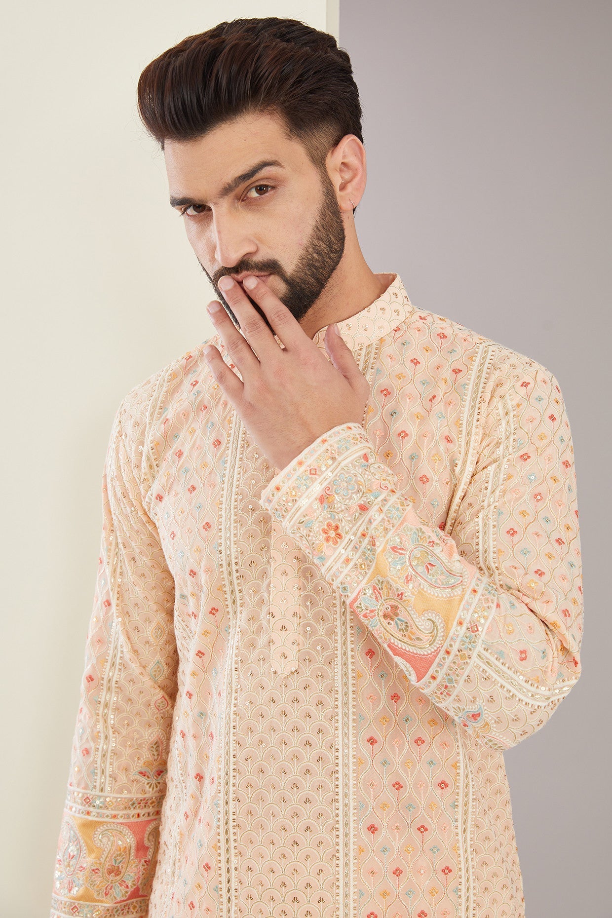 Peach Multi-embroidered Kurta - kasbahmen