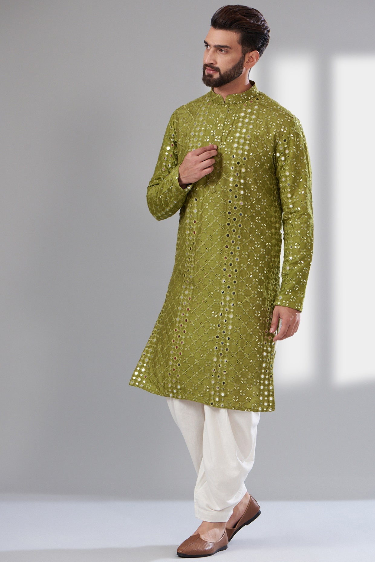 Signature mehndi green mirror work kurta - kasbahmen