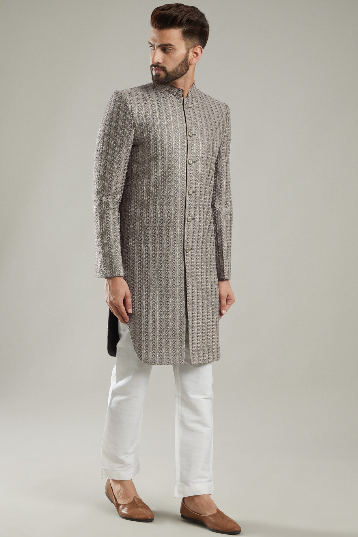 Electric Grey Chanderi Indo Western Jacket - kasbahmen