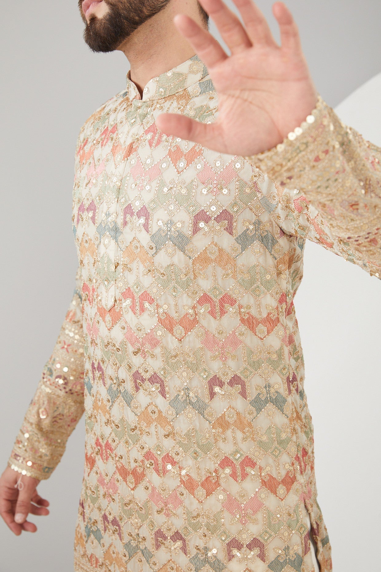 Beige Georgette Sequins Embroidered Kurta - kasbahmen