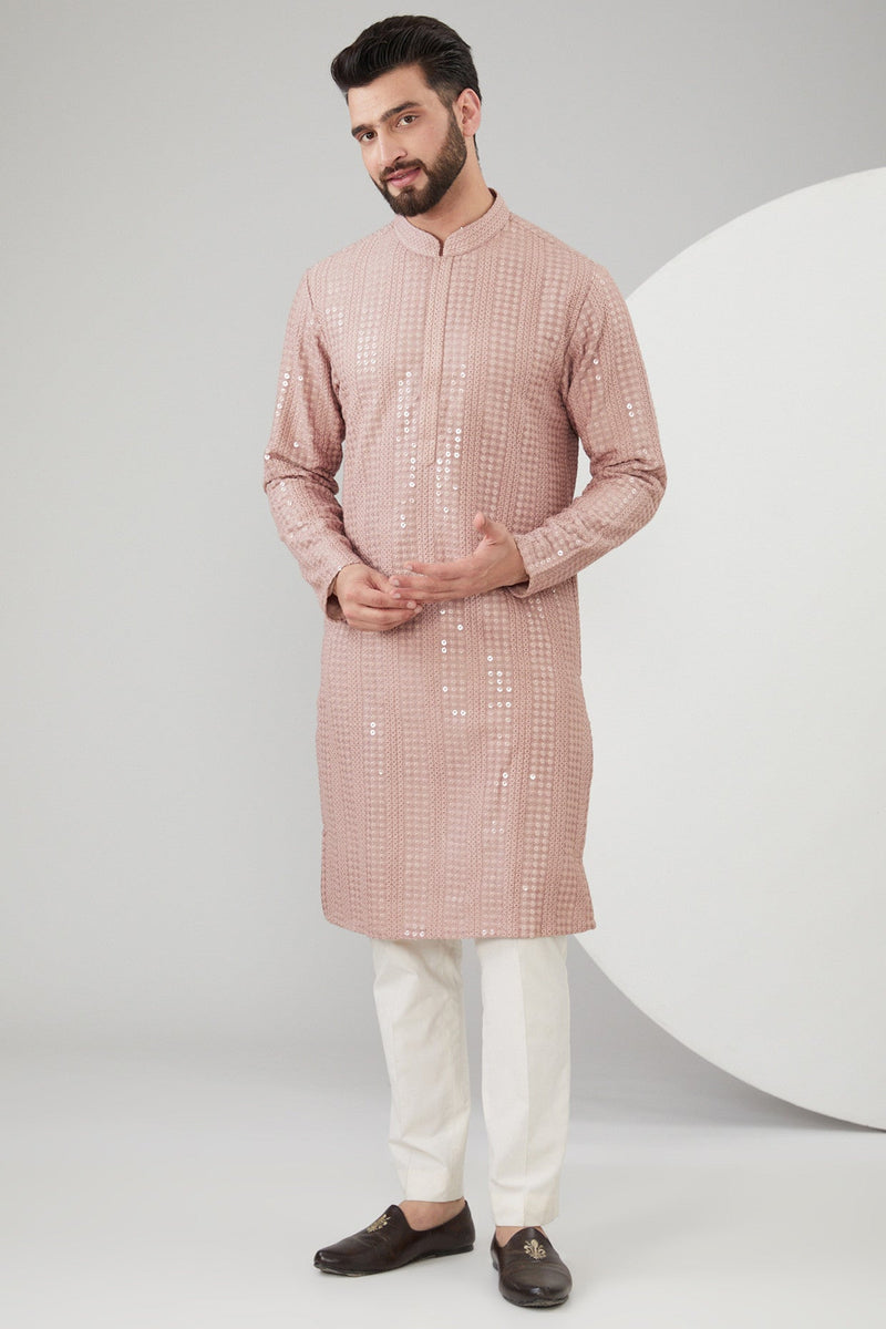 Mud Pink Slub Silk Thread Work Kurta - kasbahmen