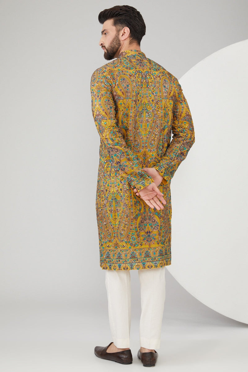 Mustard Yellow Georgette Kalamkari Embroidered Kurta - kasbahmen