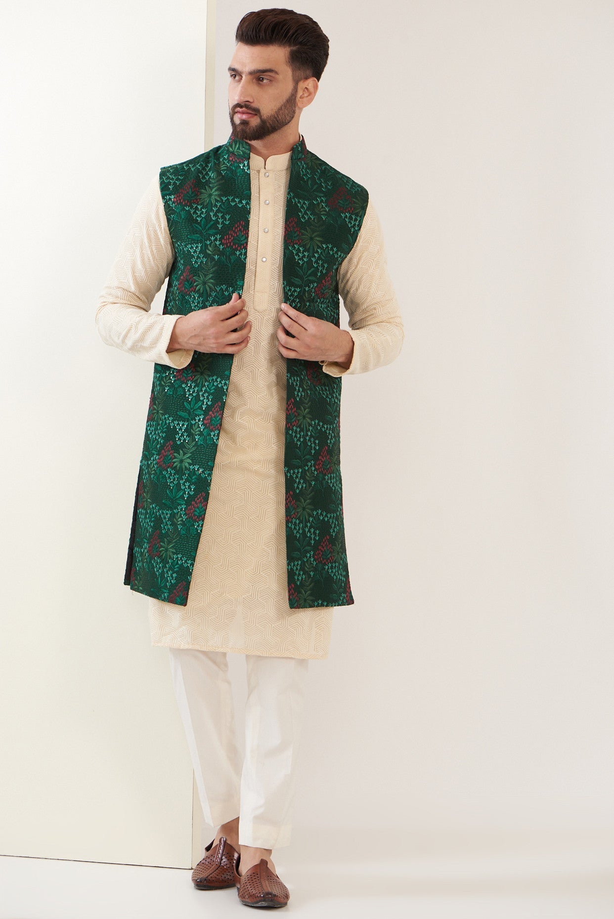 Bottle Green Embroidred Long jacket - kasbahmen