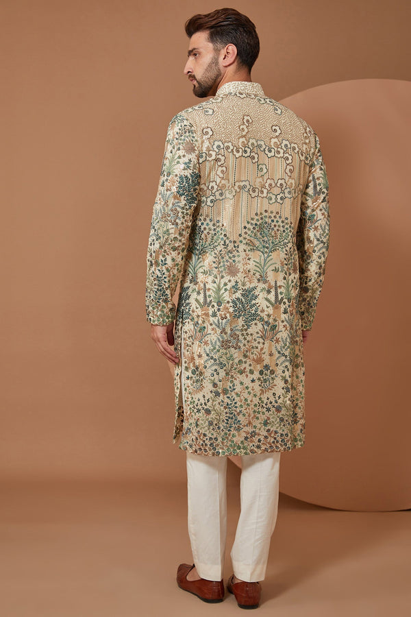 Intricately Crafted Ivory Floral Kurta with Green and Gold Threadwork
