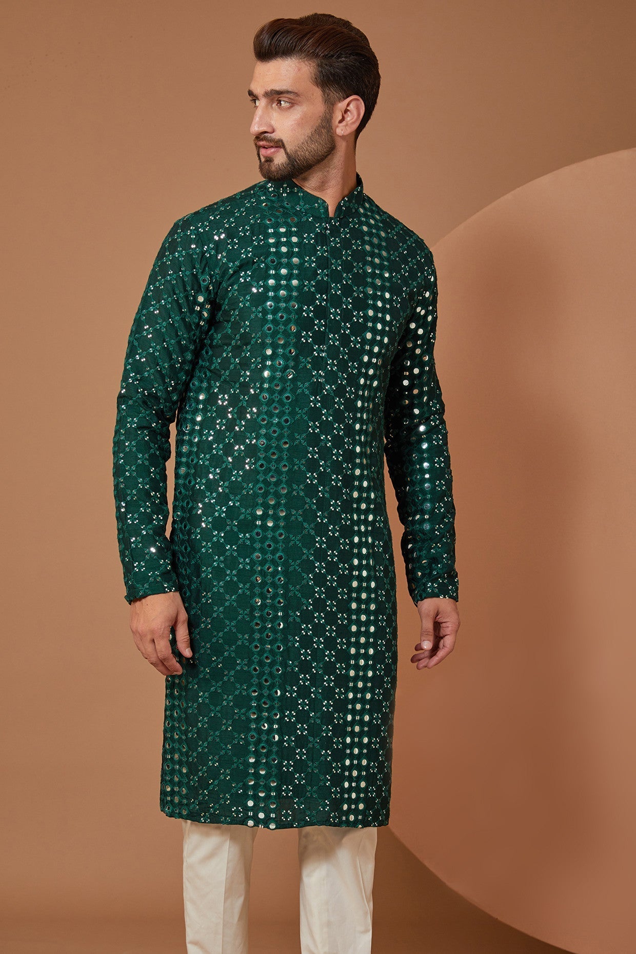 Signature Bottle Green Mirrorwork Kurta - kasbahmen