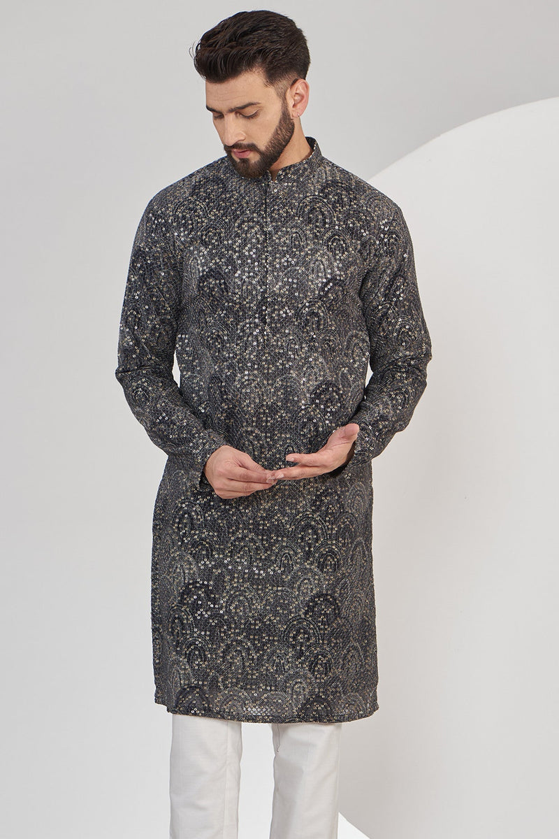 Black and grey embrodried kurta on print with sequin - kasbahmen