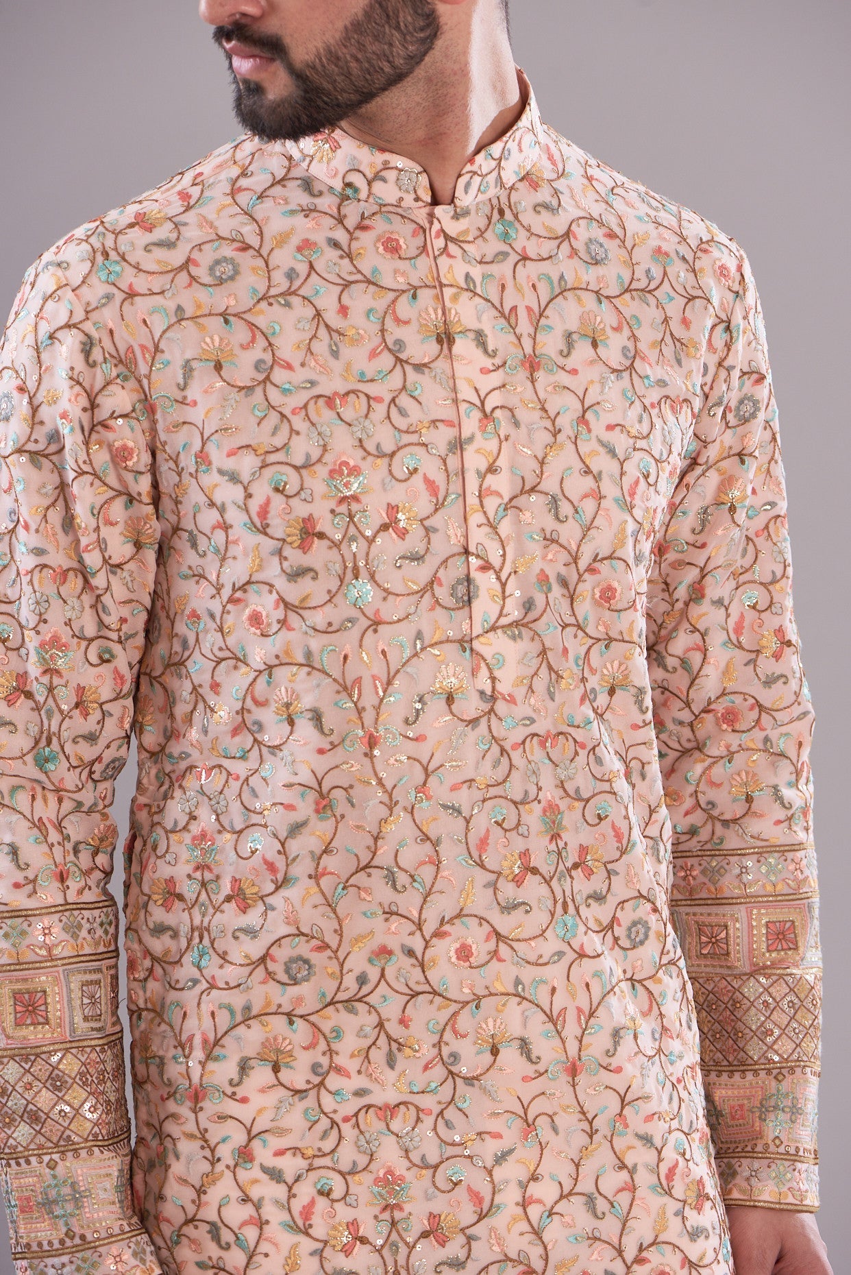 Peach multi embroidered kurta with detailed border - kasbahmen