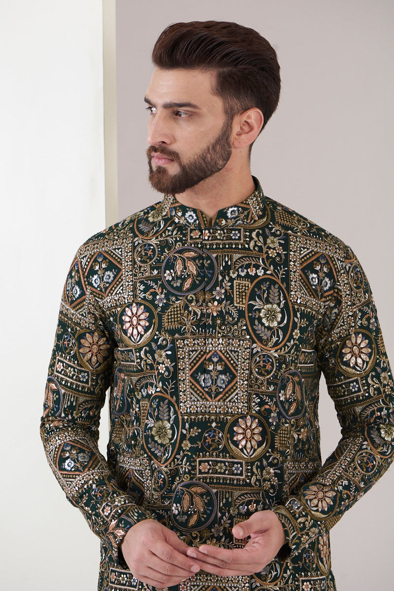 Bottle green embroidered kurta - kasbahmen