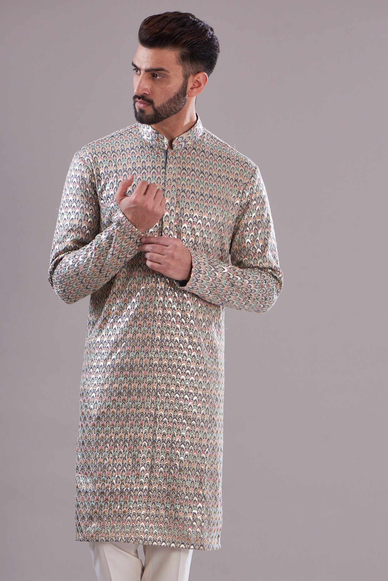 Grey multi threadwork kurta - kasbahmen