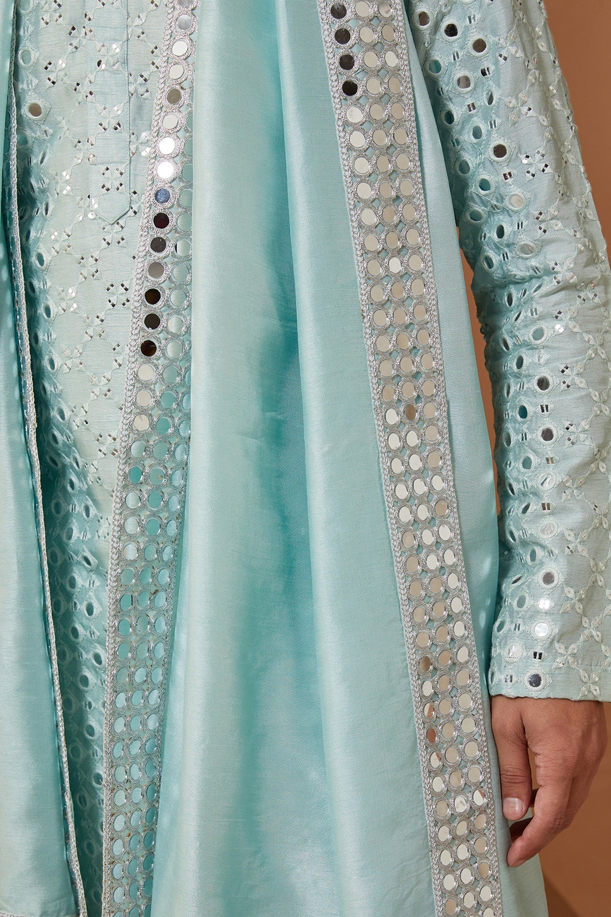 Signature Sky Blue Mirrorwork Kurta with Stole - kasbahmen