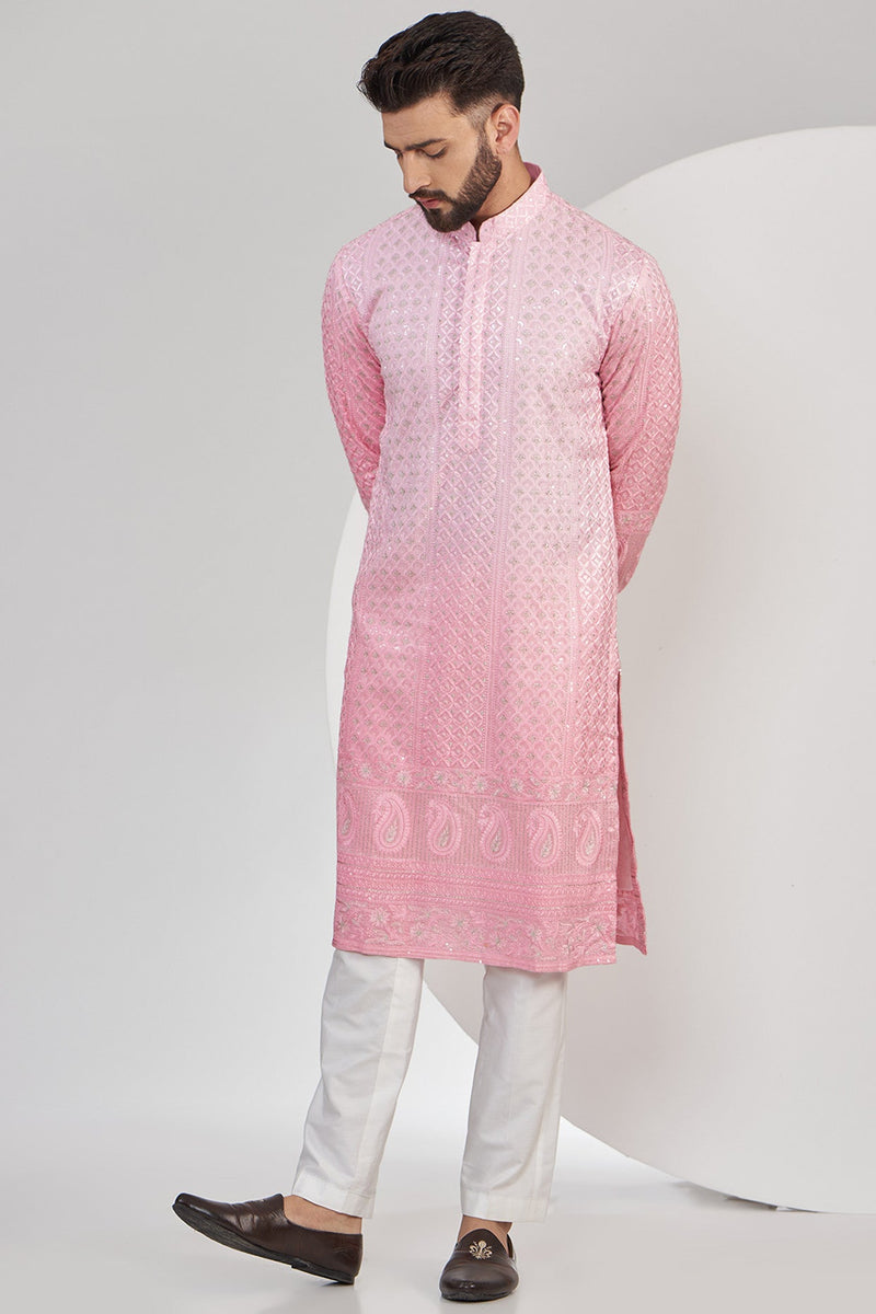 Light Pink Ombre shaded chikankari kurta - kasbahmen