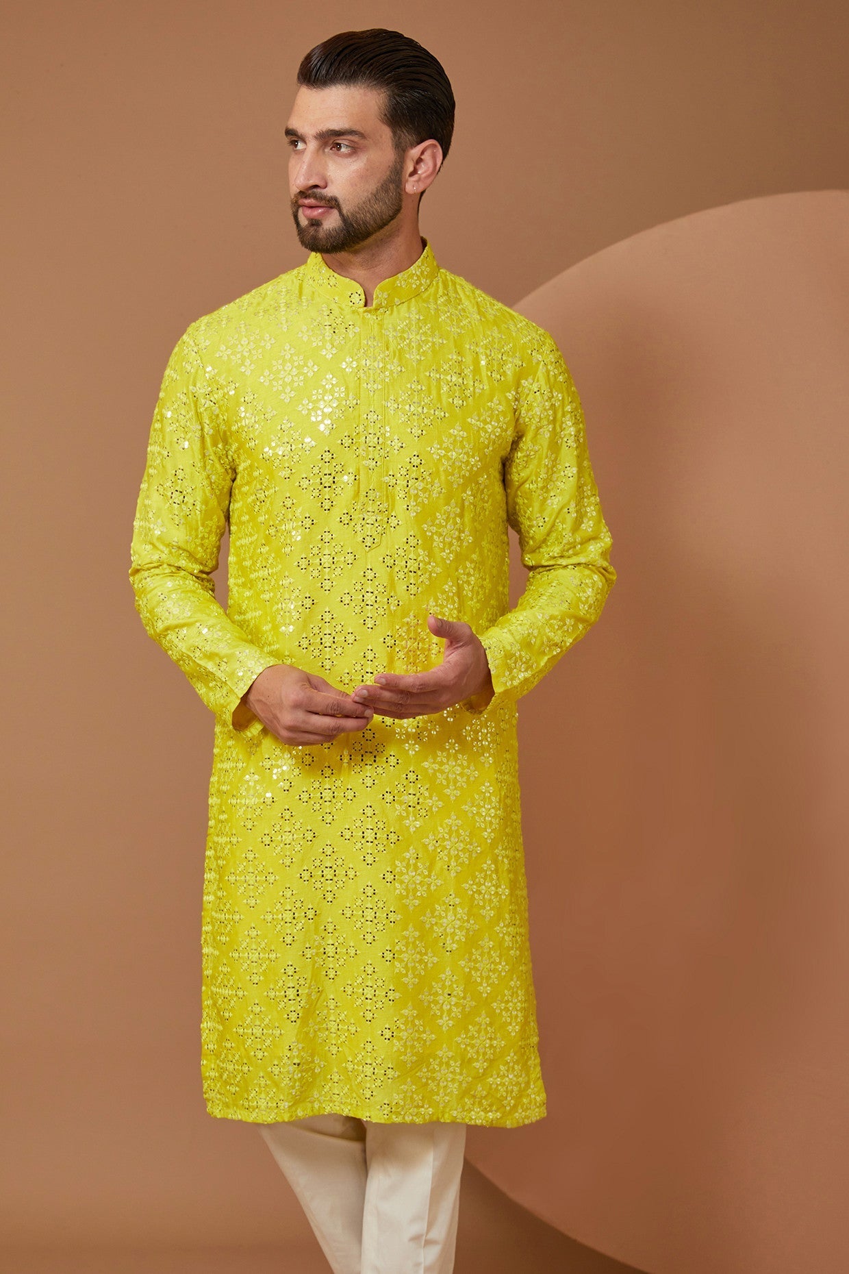 Bright Yellow Signature Mirrorwork Kurta - kasbahmen