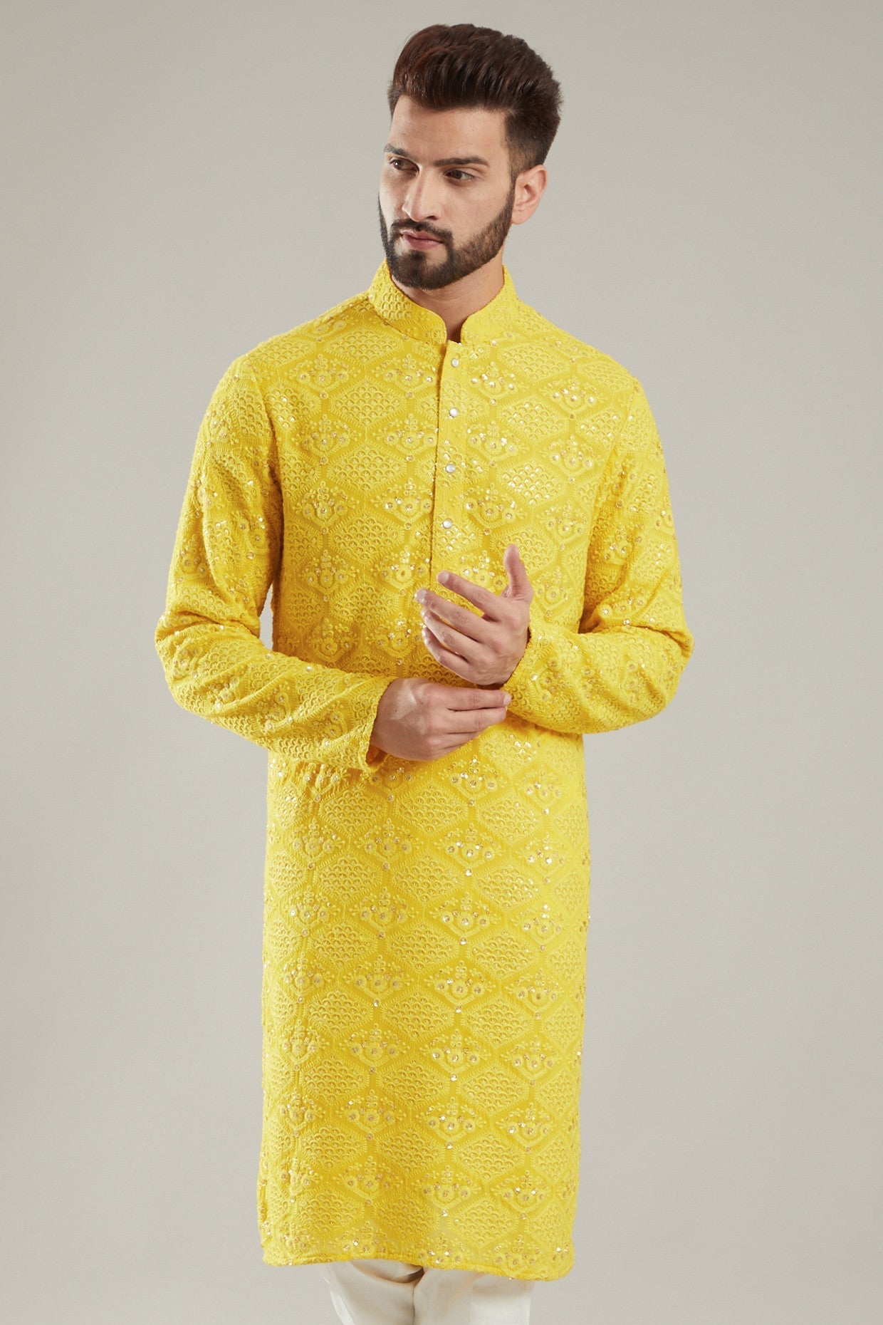 Yellow Georgette Embroidered Kurta - kasbahmen