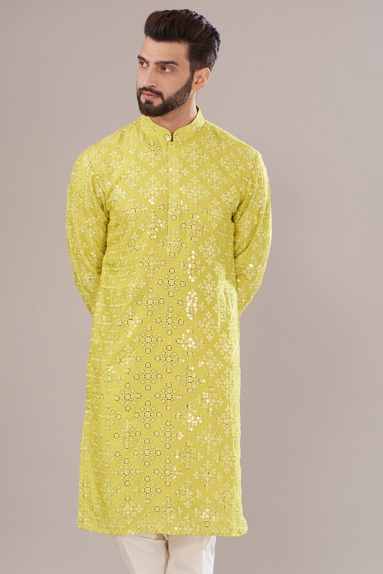 Neon Yellow Silk Embroidered Kurta - kasbahmen