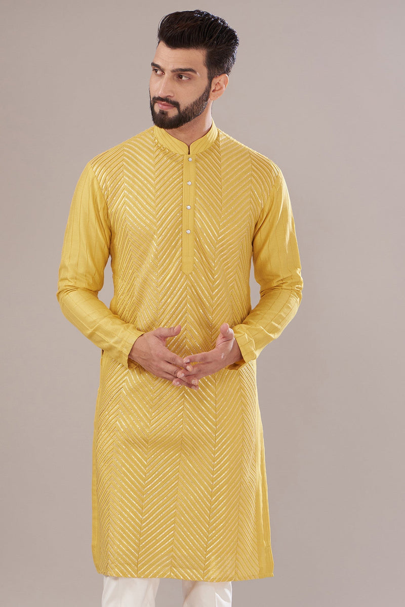 Yellow Slub Silk Embroidered Kurta - kasbahmen