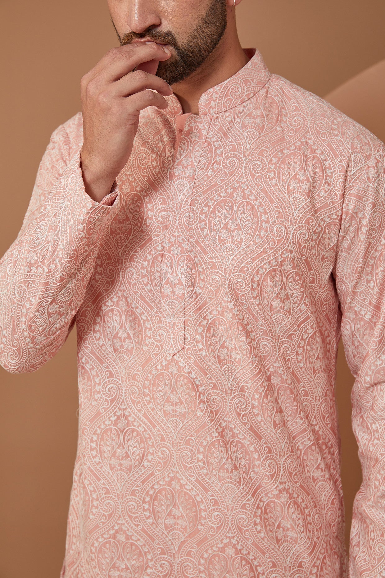 Peach Embroidered Kurta with White threadwork - kasbahmen