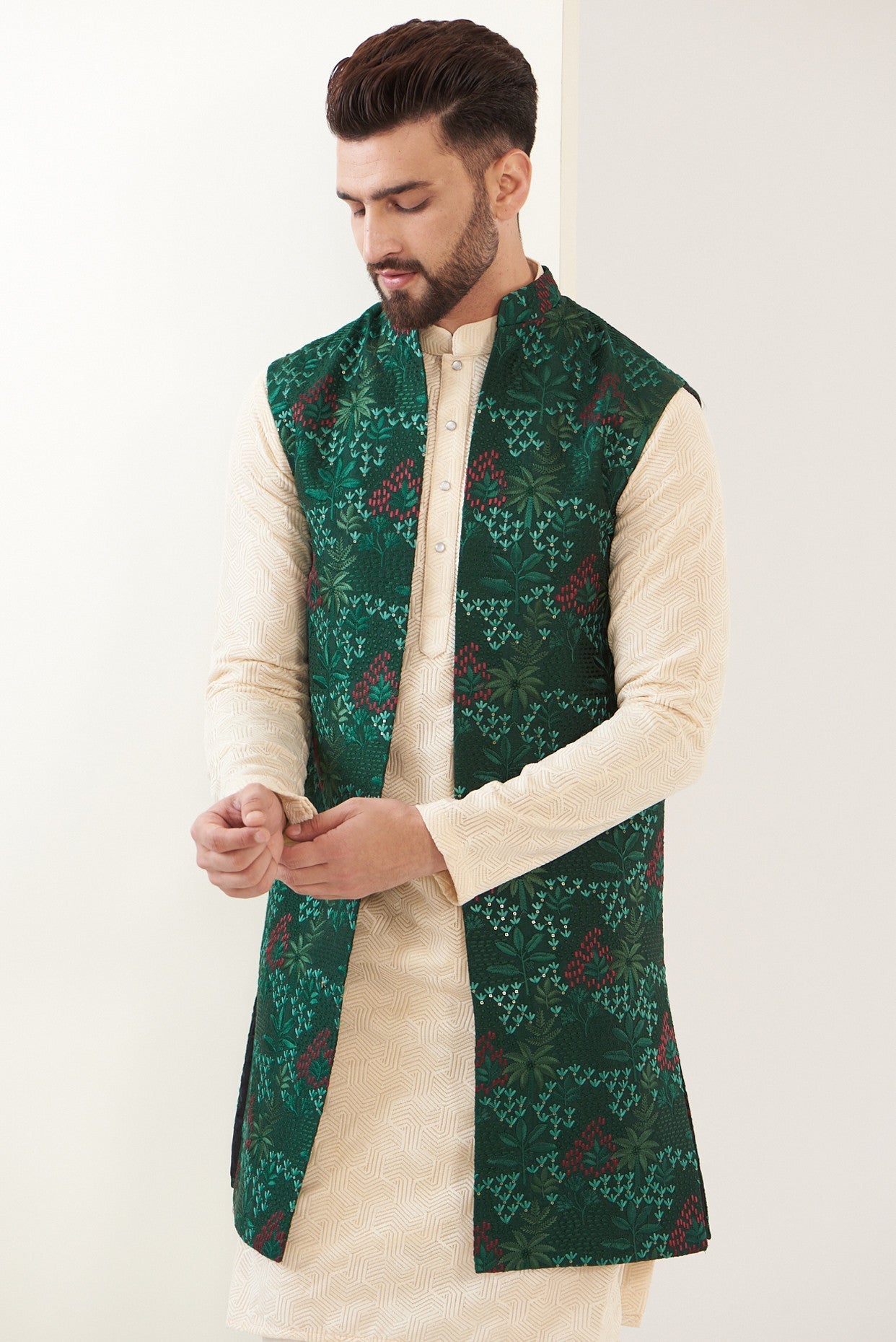 Bottle Green Embroidred Long jacket - kasbahmen