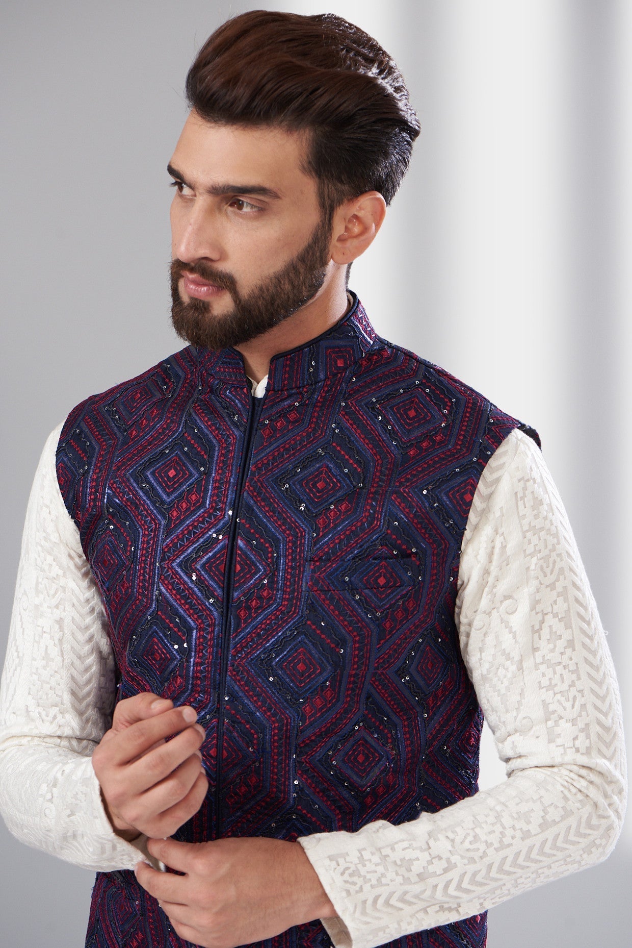 Navy blue thread work nehru jacket - kasbahmen