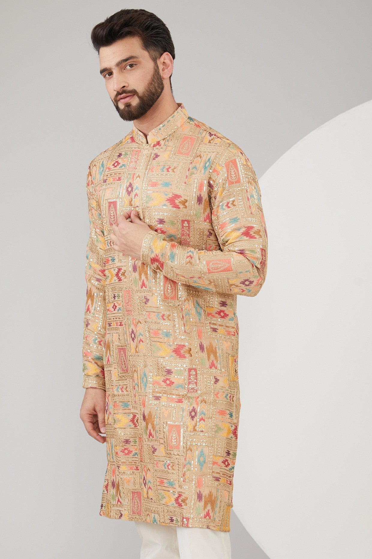 Beige Georgette Embroidered Kurta - kasbahmen