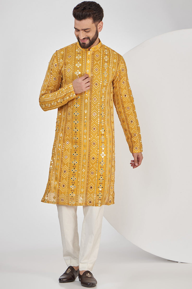 Mustard Mirror-work Kurta